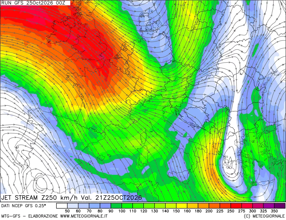 mappa 250 hPa Jet stream