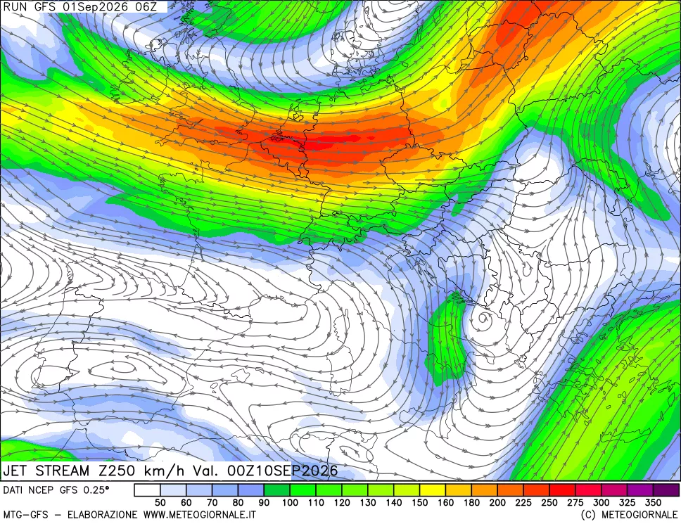 mappa 250 hPa Jet stream