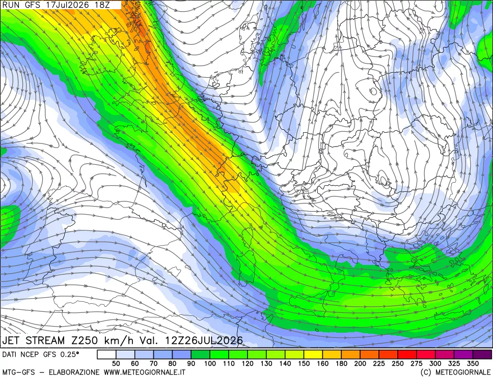 mappa 250 hPa Jet stream