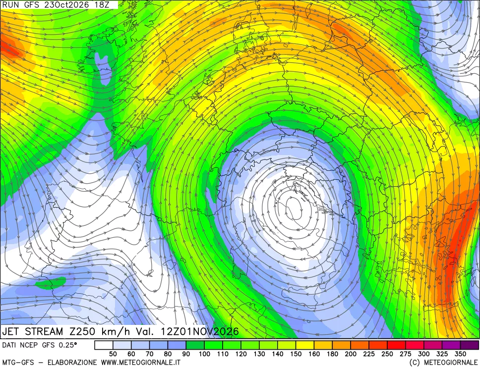 mappa 250 hPa Jet stream