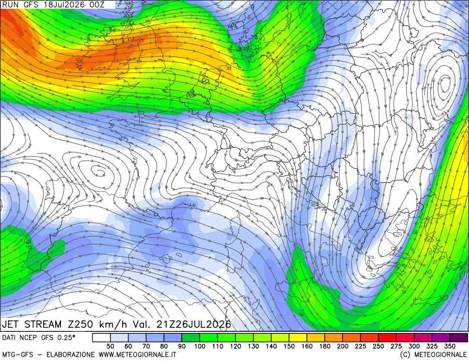 mappa 250 hPa Jet stream