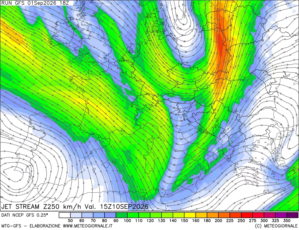 mappa 250 hPa Jet stream