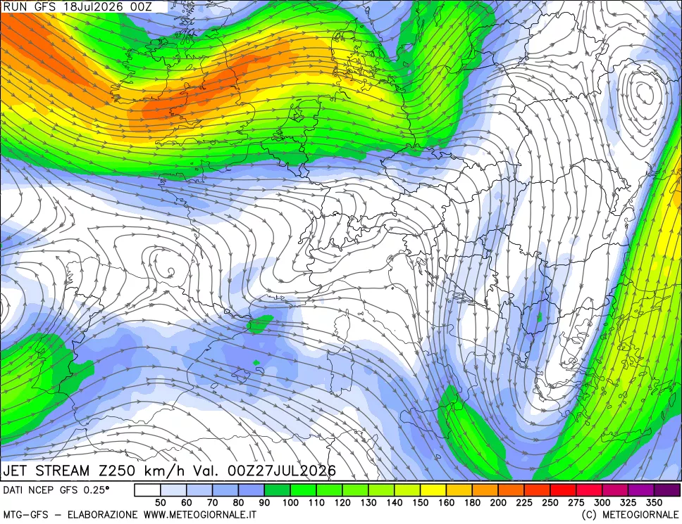 mappa 250 hPa Jet stream