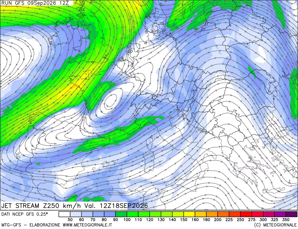 mappa 250 hPa Jet stream