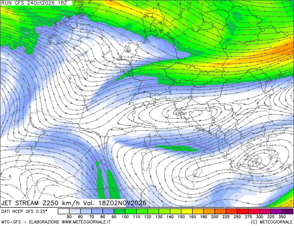 mappa 250 hPa Jet stream