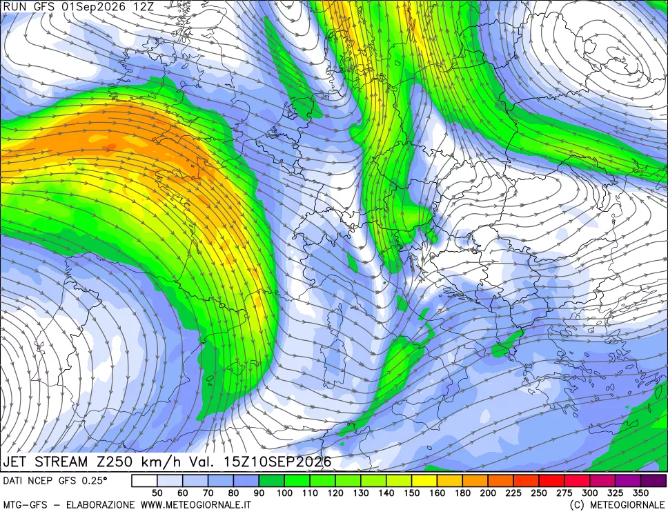mappa 250 hPa Jet stream