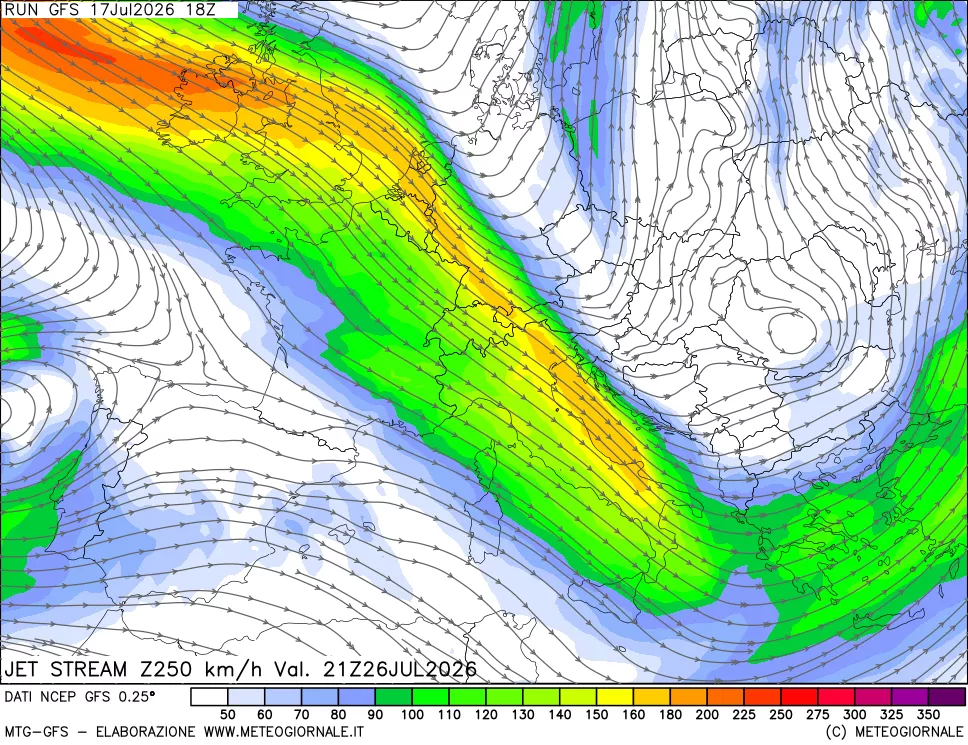 mappa 250 hPa Jet stream