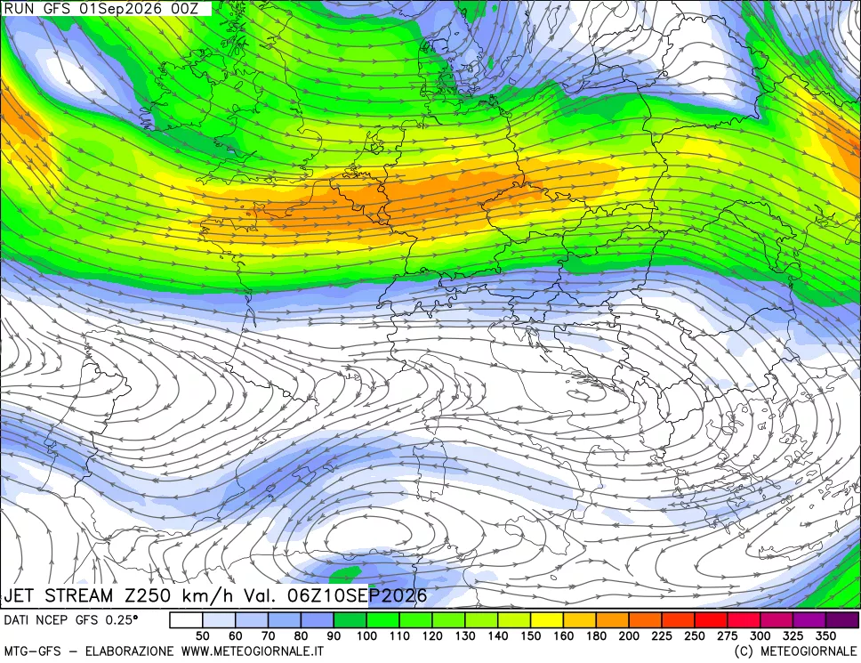 mappa 250 hPa Jet stream