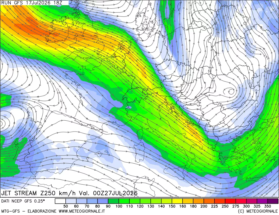 mappa 250 hPa Jet stream