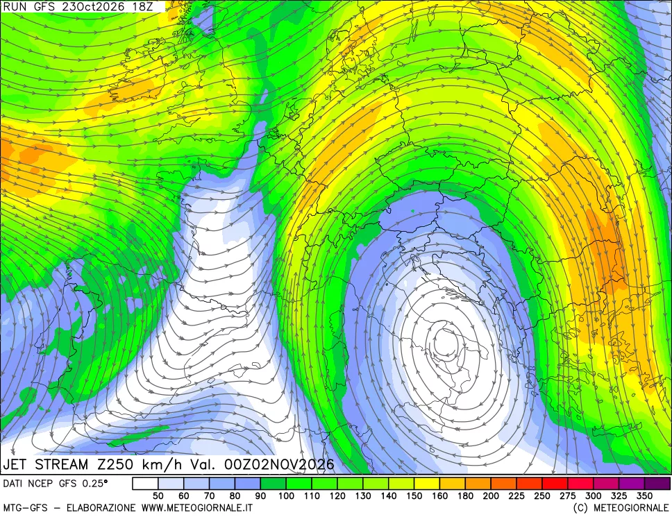 mappa 250 hPa Jet stream