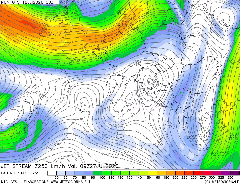 mappa 250 hPa Jet stream