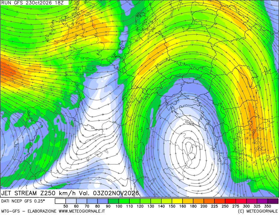 mappa 250 hPa Jet stream