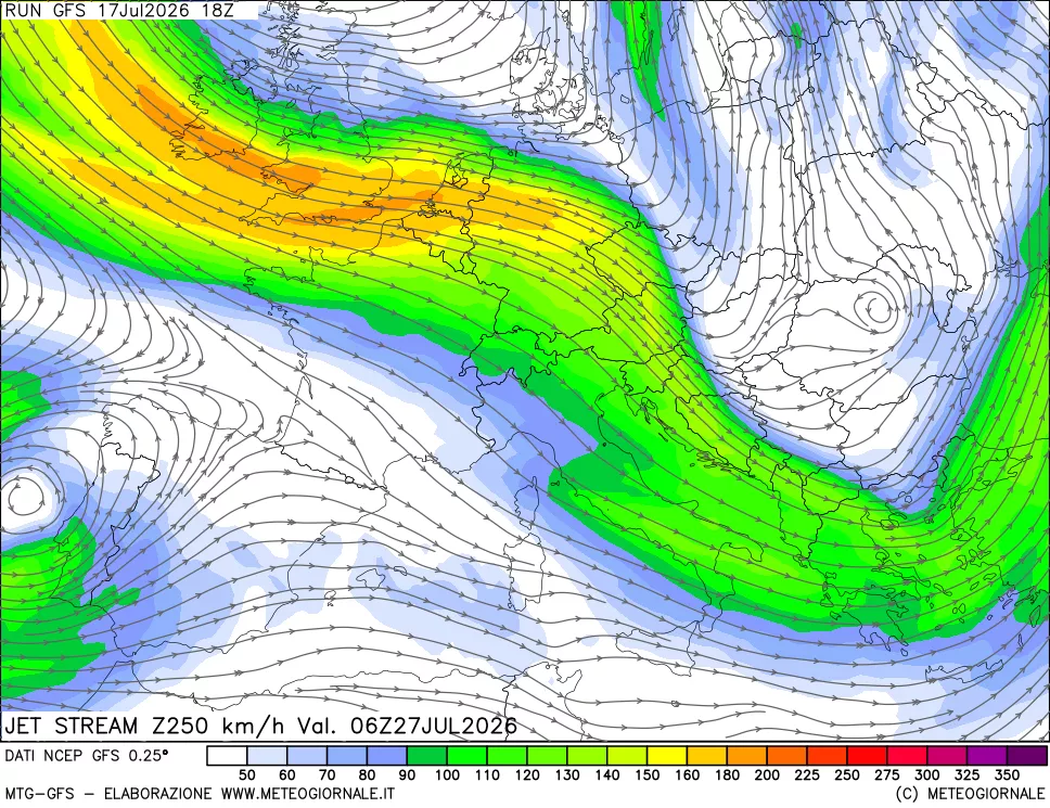 mappa 250 hPa Jet stream