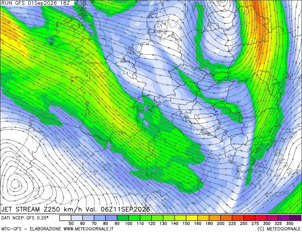 mappa 250 hPa Jet stream