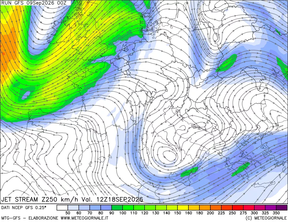 mappa 250 hPa Jet stream