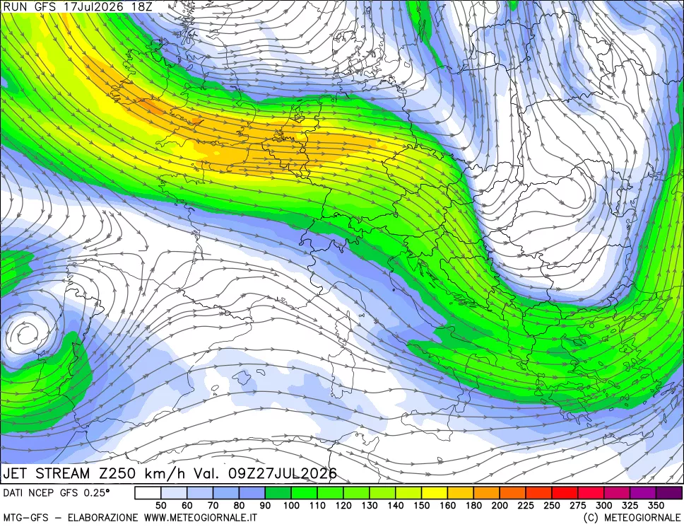 mappa 250 hPa Jet stream