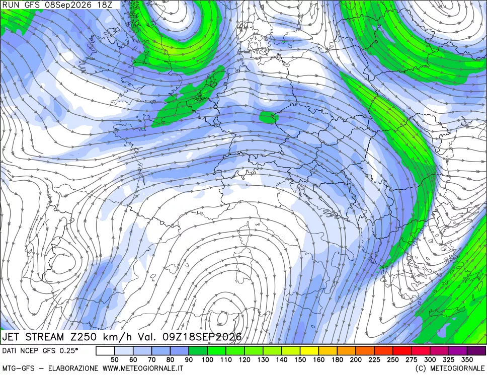 mappa 250 hPa Jet stream