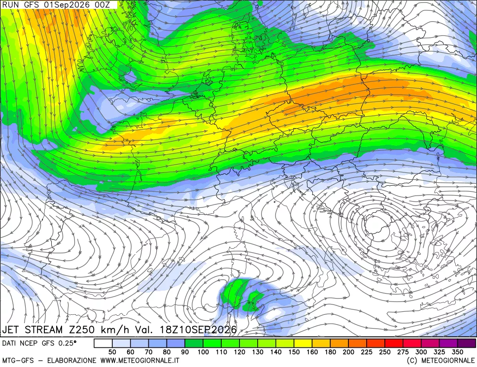 mappa 250 hPa Jet stream