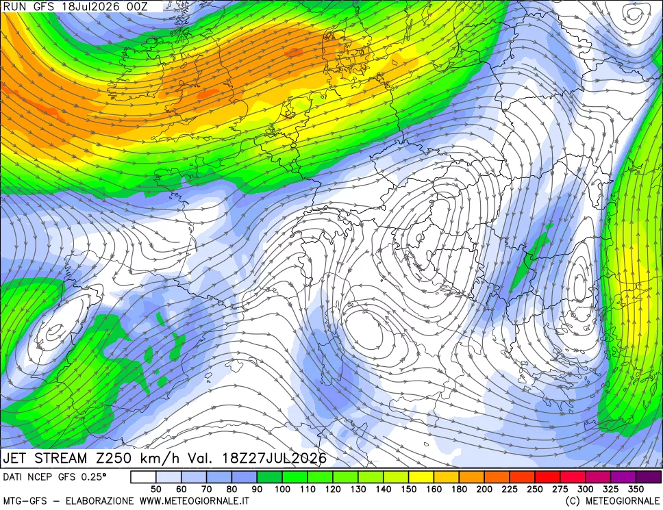 mappa 250 hPa Jet stream