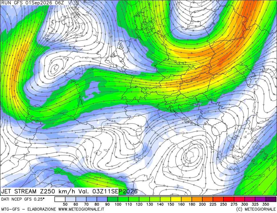 mappa 250 hPa Jet stream