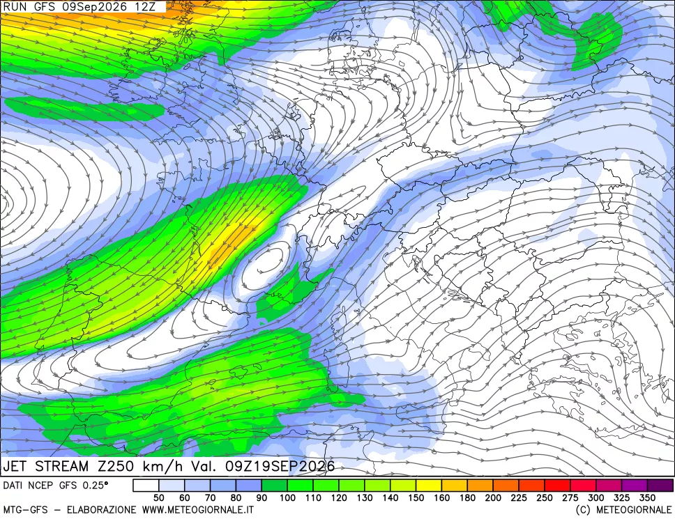 mappa 250 hPa Jet stream