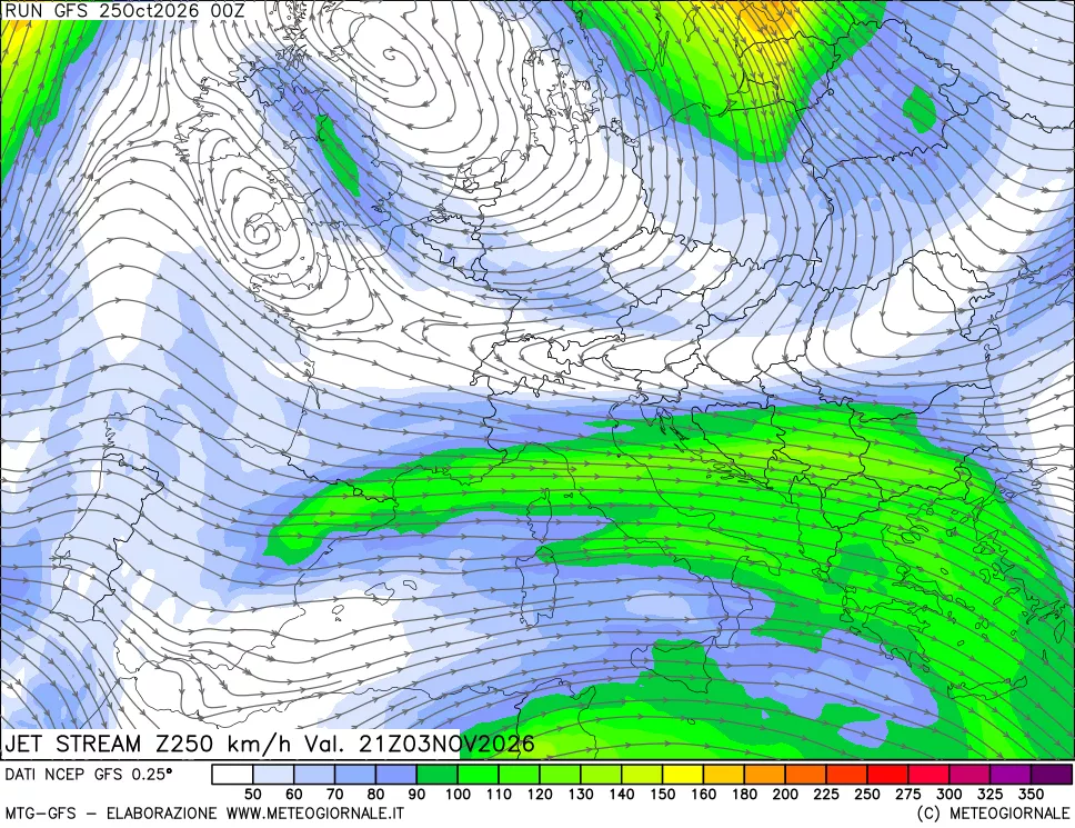 mappa 250 hPa Jet stream