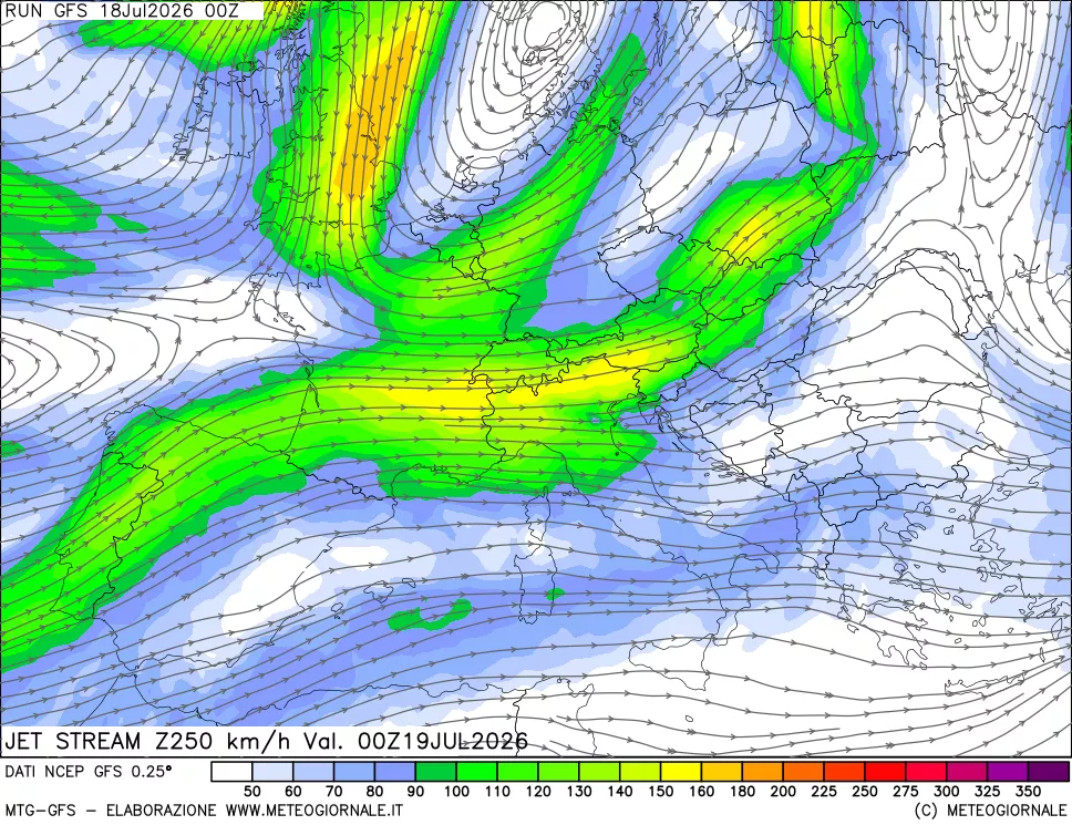 mappa 250 hPa Jet stream