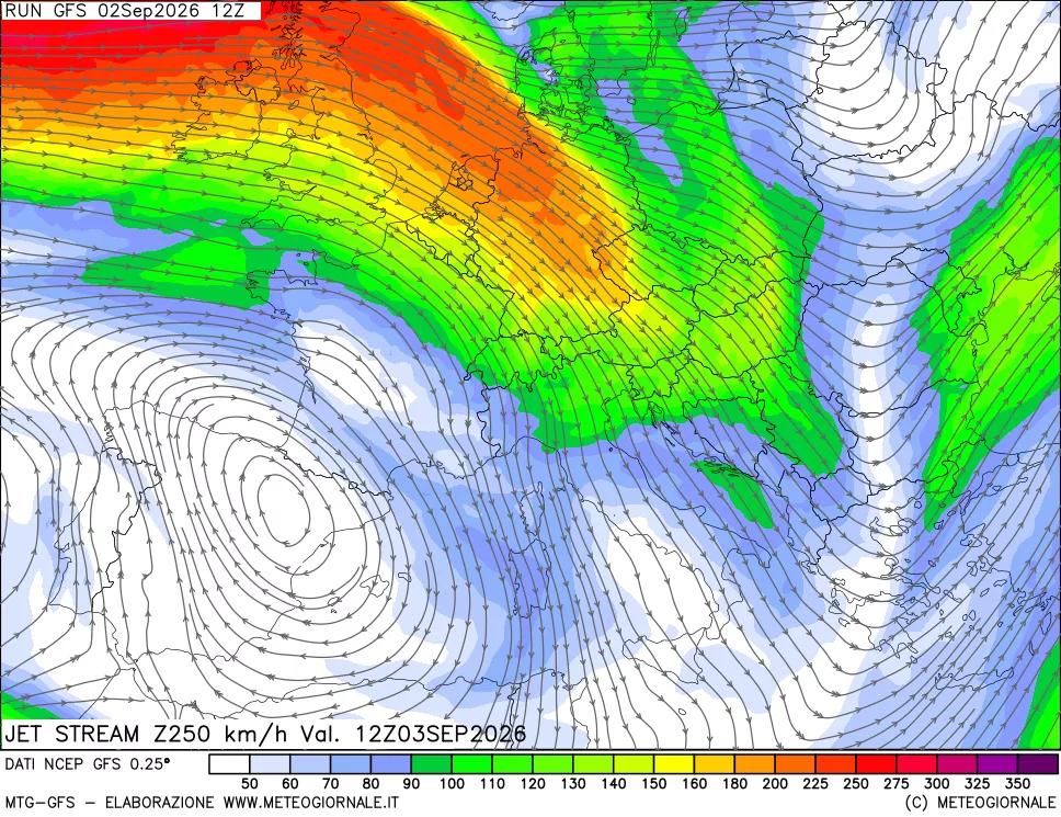 mappa 250 hPa Jet stream