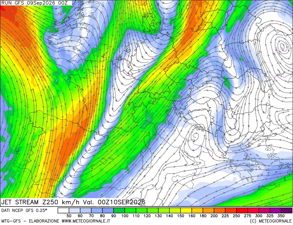 mappa 250 hPa Jet stream