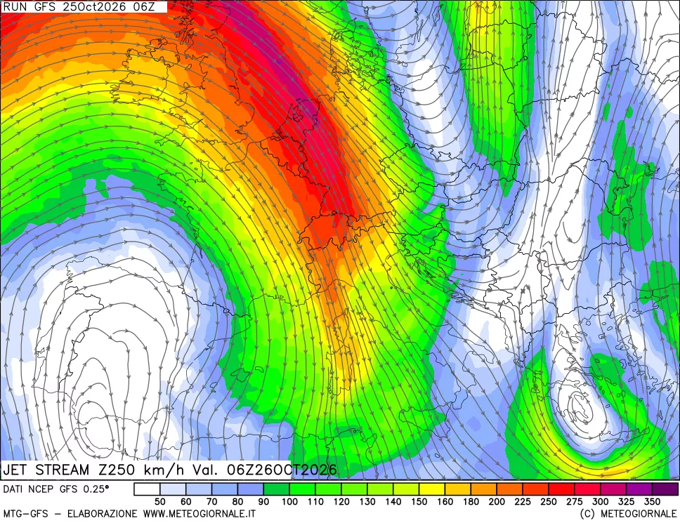 mappa 250 hPa Jet stream