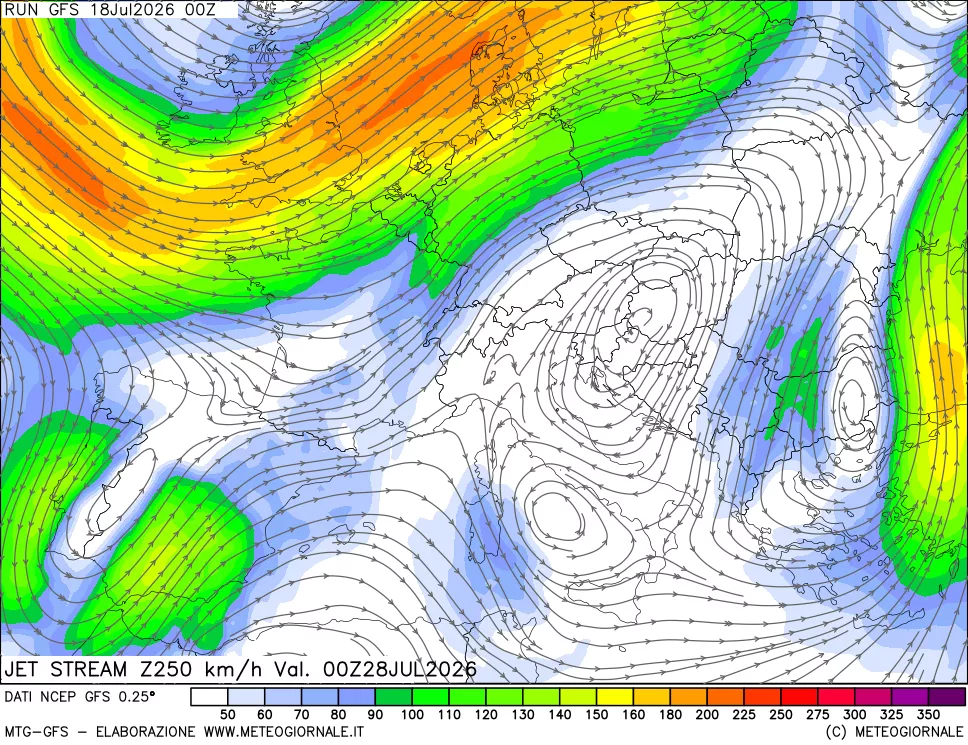 mappa 250 hPa Jet stream