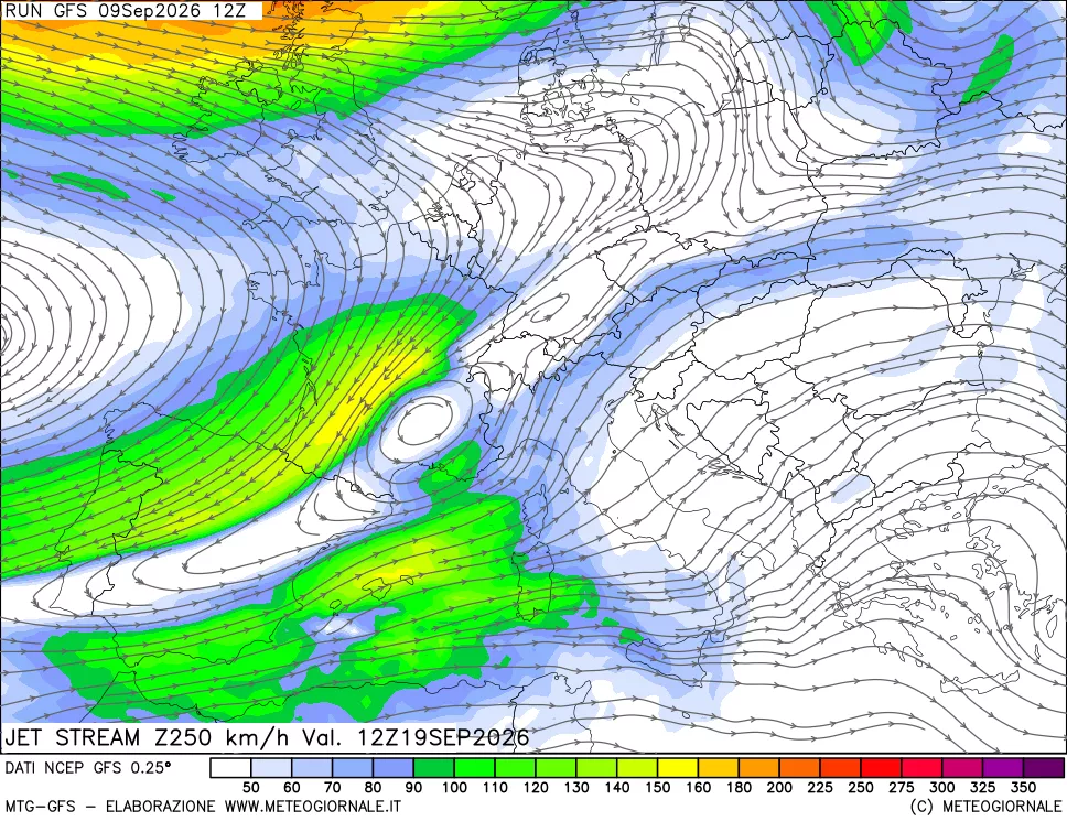 mappa 250 hPa Jet stream