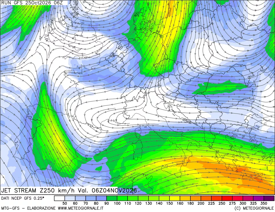 mappa 250 hPa Jet stream