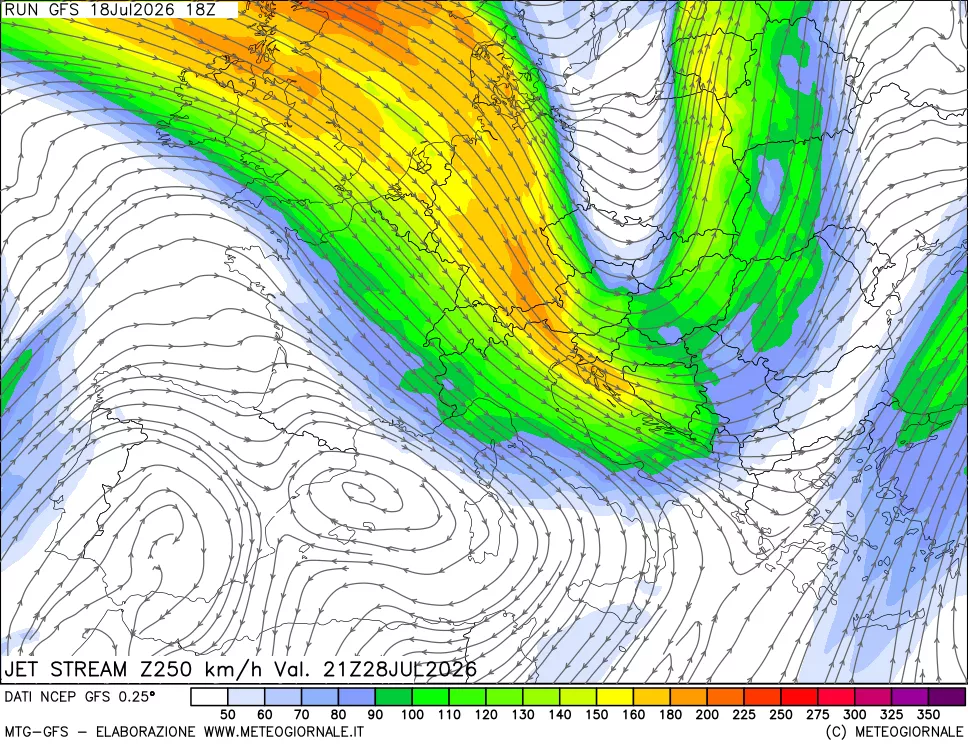mappa 250 hPa Jet stream