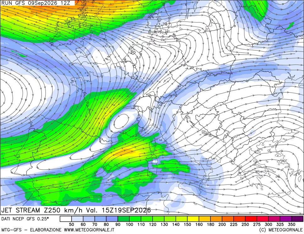 mappa 250 hPa Jet stream
