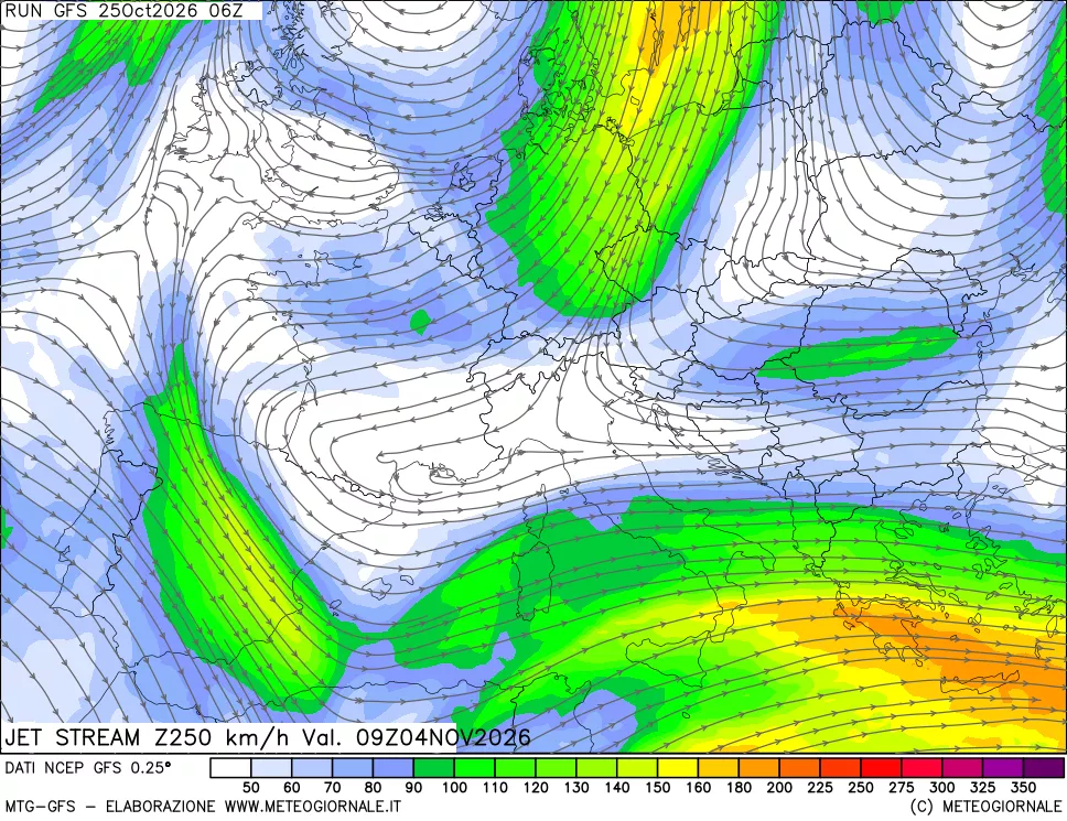 mappa 250 hPa Jet stream