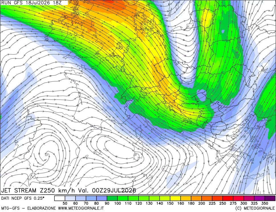mappa 250 hPa Jet stream