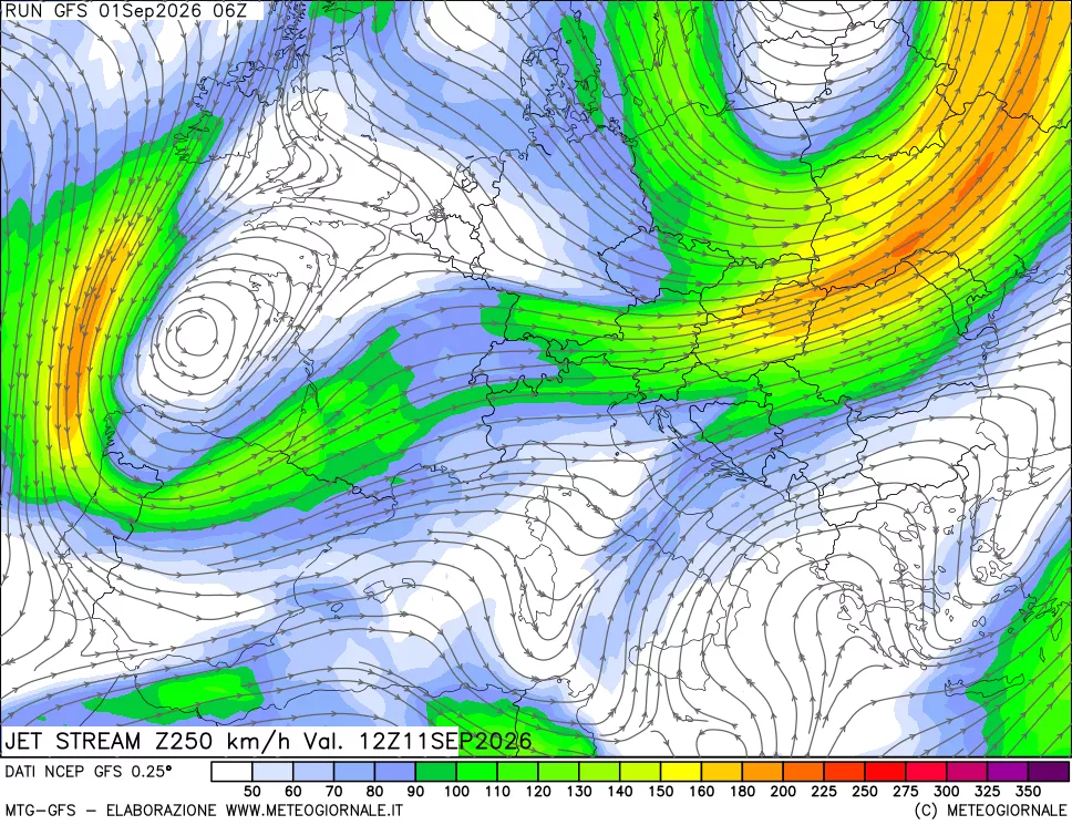 mappa 250 hPa Jet stream