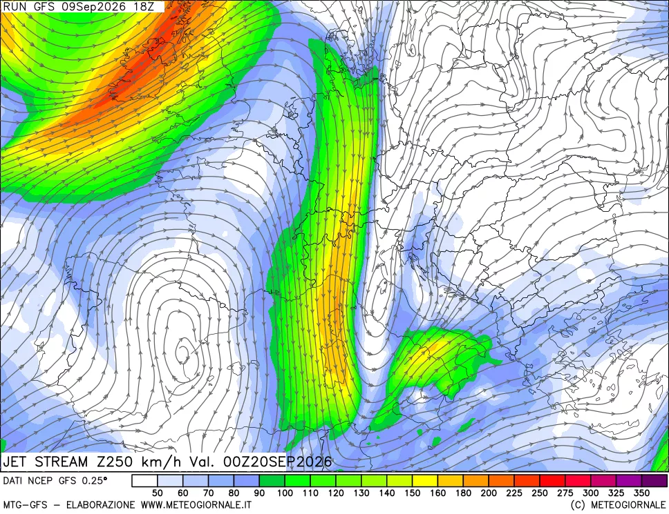 mappa 250 hPa Jet stream