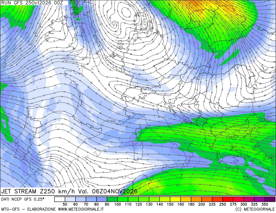 mappa 250 hPa Jet stream