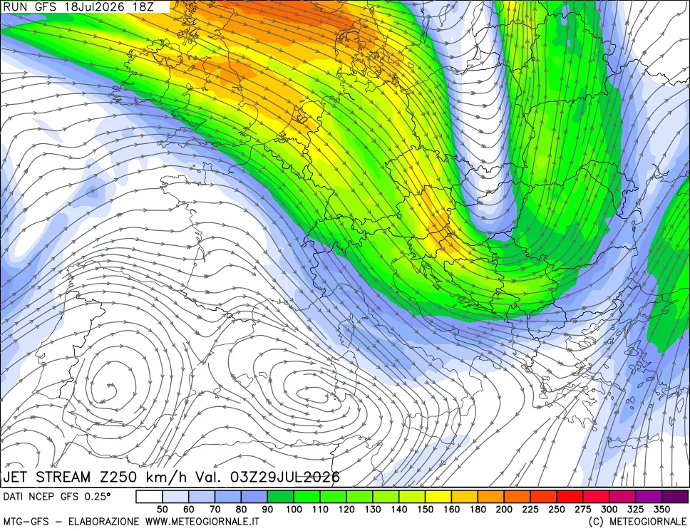 mappa 250 hPa Jet stream