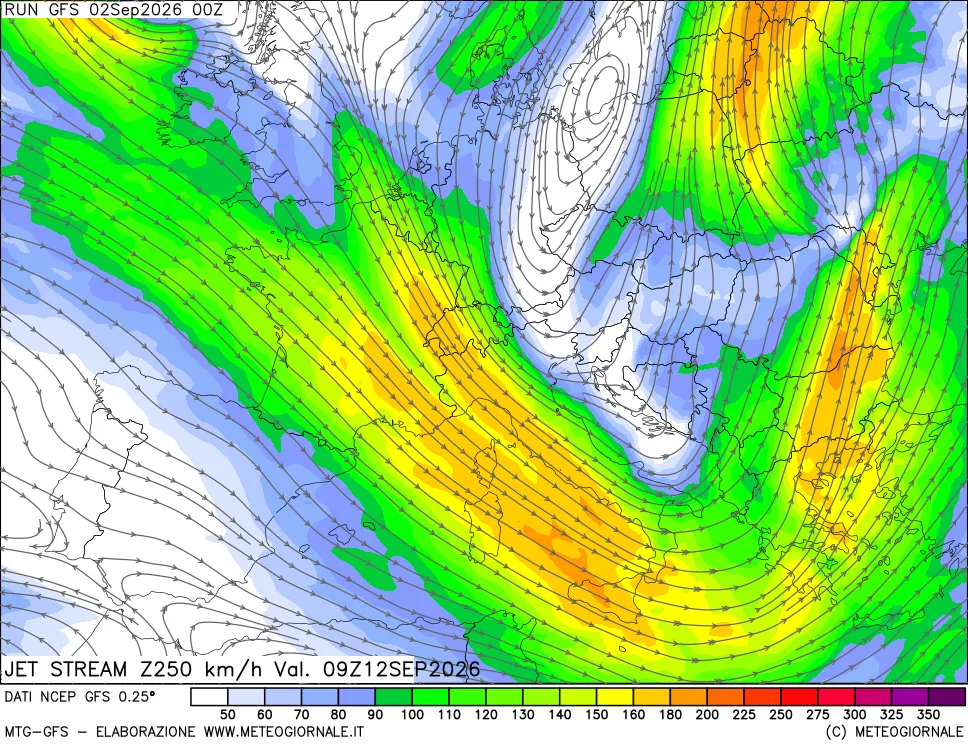 mappa 250 hPa Jet stream