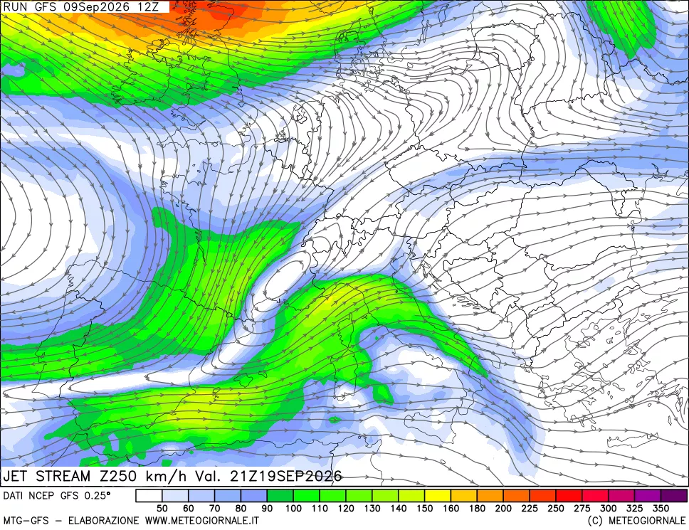 mappa 250 hPa Jet stream