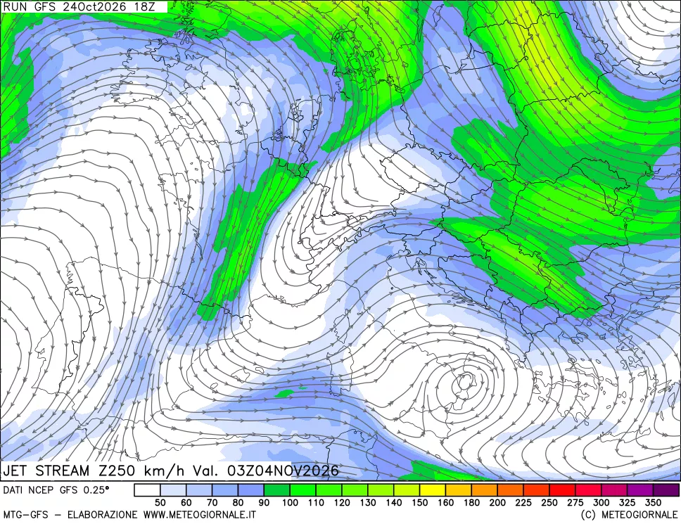 mappa 250 hPa Jet stream