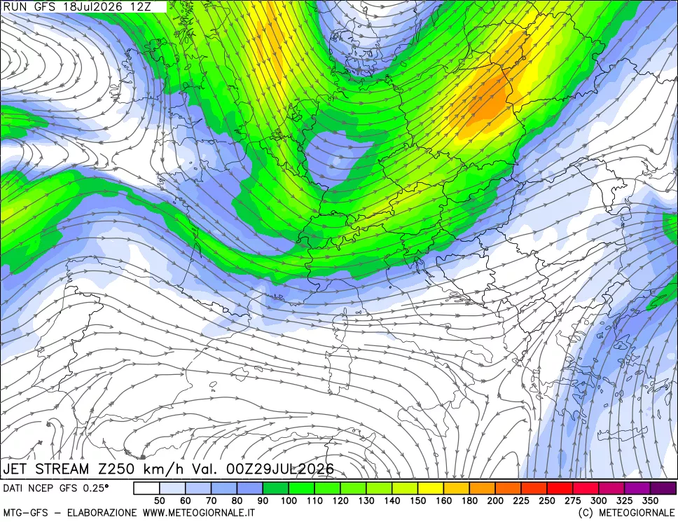 mappa 250 hPa Jet stream