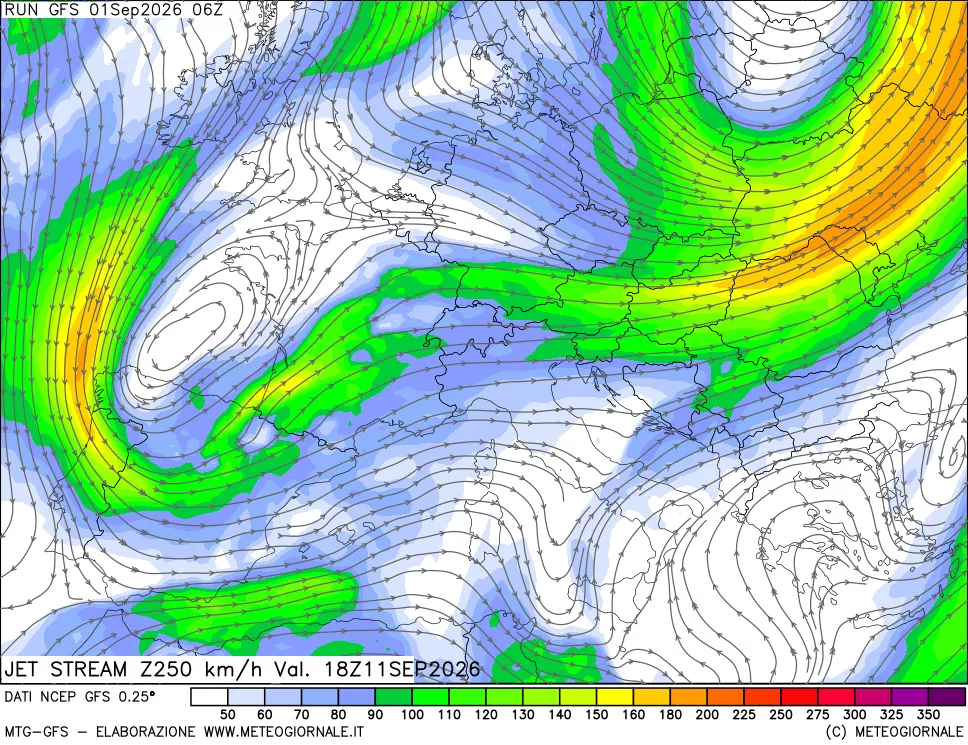 mappa 250 hPa Jet stream