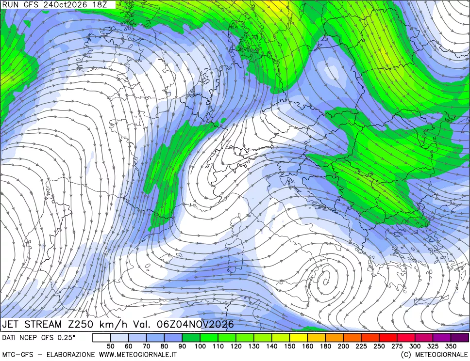 mappa 250 hPa Jet stream