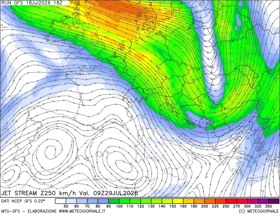 mappa 250 hPa Jet stream