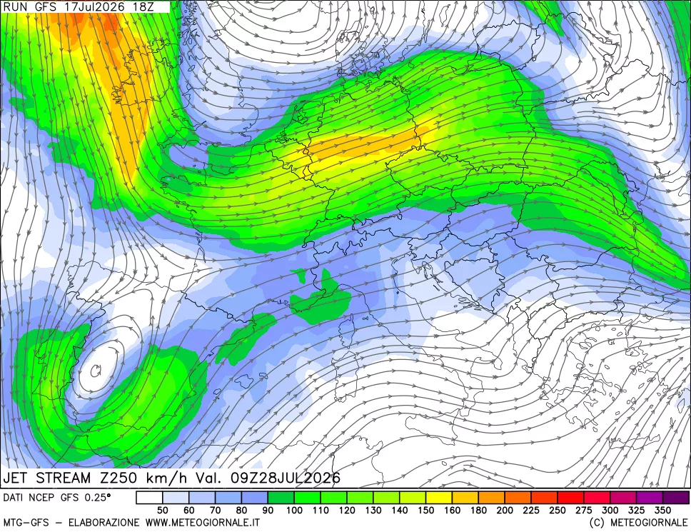 mappa 250 hPa Jet stream