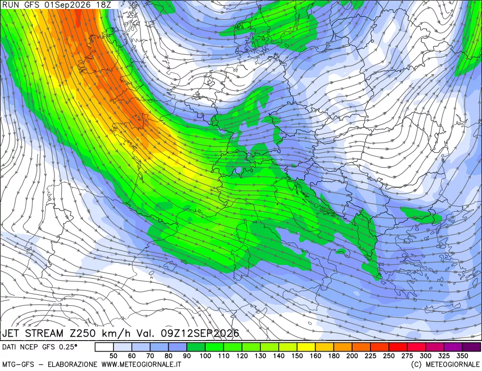 mappa 250 hPa Jet stream